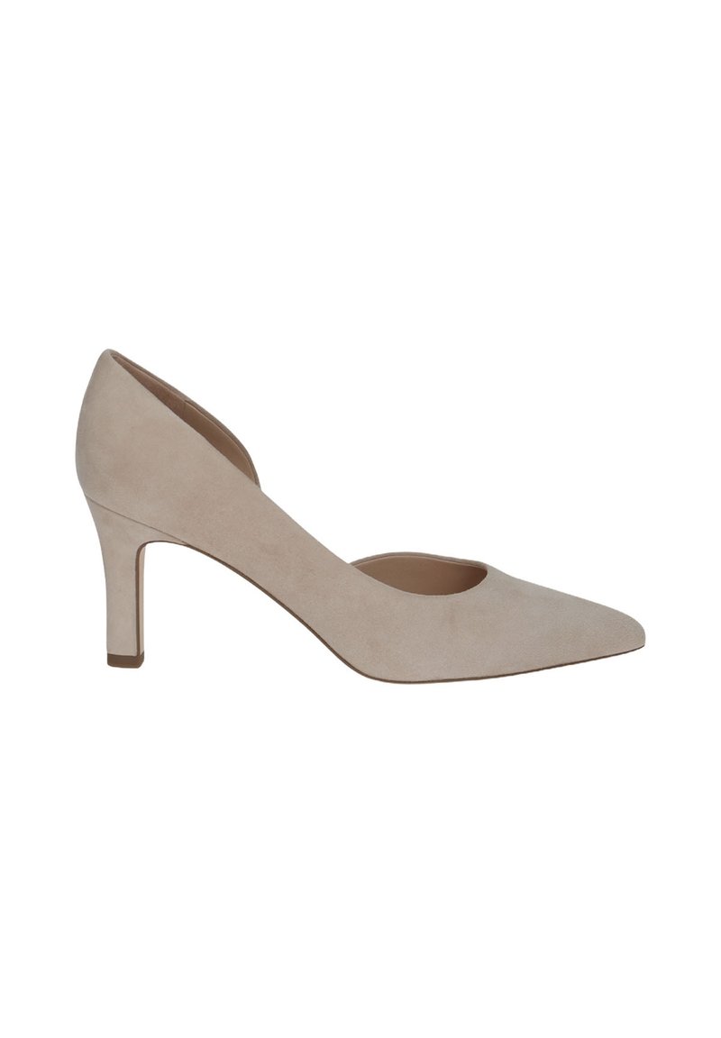 Beige suede high-heeled pumps with a pointed toe and a narrow cut-out near the instep. Heel height approximately 3 inches. Smooth texture.