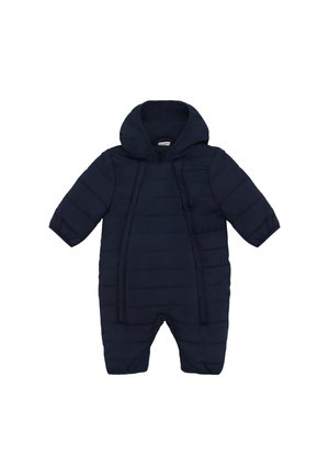 Marineblauw gevoerd babysneeuwpak met lange mouwen, aangehechte kap en ritssluiting aan de voorkant voor koud weer.