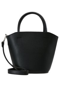 Sac à main en cuir noir avec un design structuré et effilé, doté de deux poignées et d'une bandoulière amovible. Texture lisse, style minimaliste.