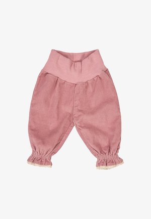 Rosa Cordhosen mit hohem, gerafftem Bund und elastischen Bündchen. Mit Spitzenbesatz am Saum. Weiche Textur, schmal zulaufendes Bein.