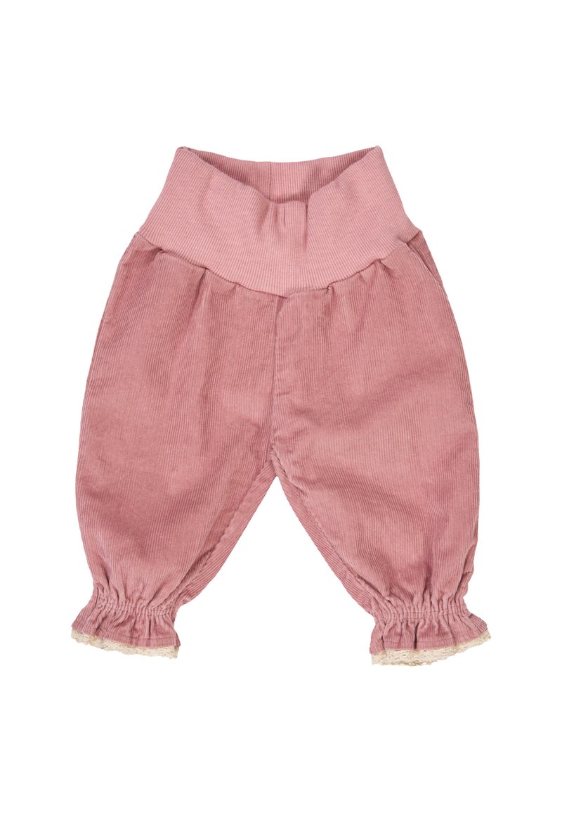 Pink corduroy pants with a high, gathered waistband and elastic cuffs. Features lace trim at the hem. Soft texture, tapered leg design.