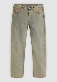 Jean en denim bleu clair coupe droite avec fermeture à boutons devant, cinq poches et détails subtils d’estompage.