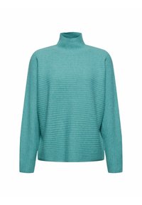 Pull à col roulé turquoise avec une texture côtelée, présentant une coupe décontractée et des manches longues, fabriqué en matière tricotée douce.