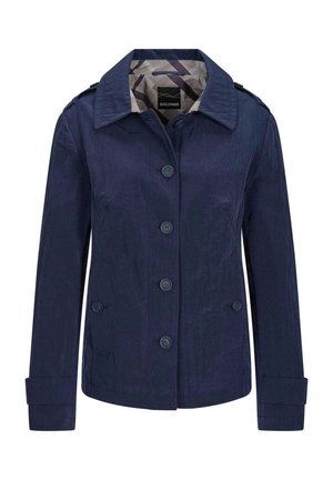 Veste bleu marine à boutons avec col large, bandes aux poignets et deux poches latérales, dotée d'une doublure intérieure à motif et d'épaulettes.