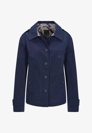 Veste bleu marine à boutons avec col large, bandes aux poignets et deux poches latérales, dotée d'une doublure intérieure à motif et d'épaulettes.