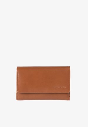 Brown leather wallet with a smooth texture, rectangular shape, fold-over design, and embossed brand logo. No additional hardware or accents.