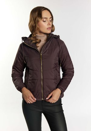 Geacă puf burgundy cu închidere cu fermoar și glugă, având manșete elastice și buzunare laterale. Material neted, lucios, cu modele cusute.