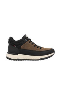 Zapato de senderismo marrón y negro con parte superior de cuero texturizado, detalles de malla y suela de goma duradera; presenta cordones redondos y un cuello acolchado.