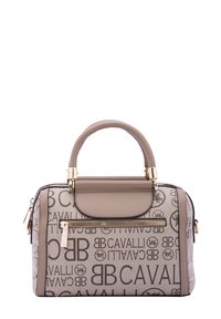 Borsa a mano marrone chiaro con una forma strutturata, dotata di stampa del logo e dettagli in oro. Include una tasca frontale con zip e un manico superiore.