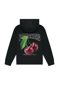 Felpa nera con cappuccio caratterizzata da una grafica di due ciliegie e foglie verdi, con il testo "Pookies" e "Mediocre since Forever" in bianco.