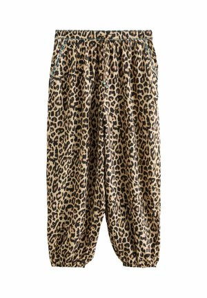 Locker sitzende Hose mit elastischem Bund und Bündchen, mit beige-schwarzem Leopardenmuster und Seitentaschen mit Kordelzug.