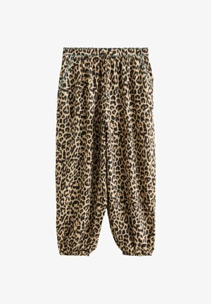 Spodnie o luźnym kroju z elastycznym pasem i ściągaczami, z beżowo-czarnym wzorem w panterkę oraz bocznymi kieszeniami z troczkami.