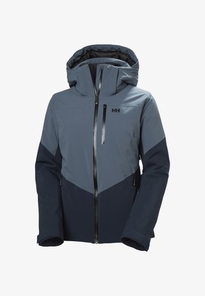 Blauwe en marineblauwe geïsoleerde winterjas met capuchon, ritssluiting aan de voorkant, rits op de borstzak en HH-logo op de borst.