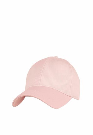 Hellrosa Baseballkappe mit dezenten vertikalen Streifen und gebogenem Schirm, vor weißem Hintergrund dargestellt.