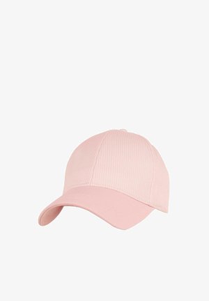 Hellrosa Baseballkappe mit dezenten vertikalen Streifen und gebogenem Schirm, vor weißem Hintergrund dargestellt.