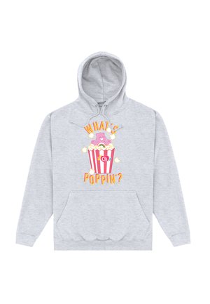 Szary bawełniany hoodie z kieszenią z przodu, kapturem ze sznurkiem oraz kolorową grafiką przedstawiającą niedźwiedzia z popcornem i napisem "CO SŁYCHAĆ?"