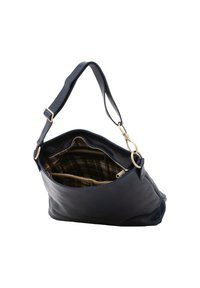 Marineblauwe leren schoudertas met verstelbare schouderriem, gouden hardware en een geruite voering. Bevat rits- en insteekvakken voor organisatie.