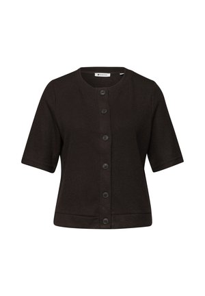 Schwarzer kurzärmeliger Strickcardigan mit Rundhalsausschnitt und sechs Knöpfen vorne, taillierte Passform, hergestellt von der Marke Street One.