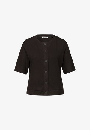 Cardigan noir à manches courtes en maille avec col rond et six boutons sur le devant, coupe ajustée, fabriqué par la marque Street One.