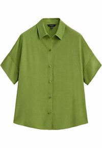 Chemise verte à manches courtes et à boutons avec un col, fabriquée en tissu lisse. Présente une coupe décontractée et six boutons assortis sur le devant.