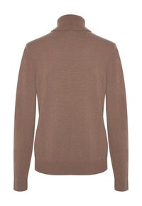 Brauner Rollkragenpullover mit feiner Strickstruktur, langen Ärmeln und taillierter Passform. Verfügt über einen gerippten Kragen und Saum.