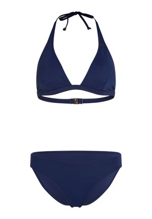 Okeā zila bikini komplekts ar trīsstūrveida augšdaļu, kurai ir saitītes un aizdare. Apakšdaļa ir ar mērenu griezumu un gludu tekstūru.