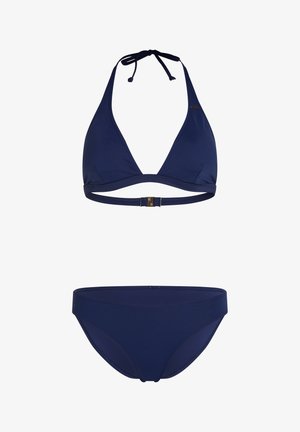 Marineblå bikini sæt med en trekantet top, der har bindebånd og en spændeforr. Bunden har en moderat skæring og en glat tekstur.