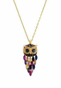 Gold necklace featuring an owl pendant adorned with black and multicolored gemstones. The pendant has a textured finish and hanging gem accents.