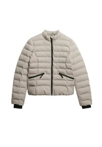 Lys grå pufferjakke med høj krave, frontlynlås og to lynlåslommer. Har kontrasterende sorte manchetter og lynlåsdetaljer.