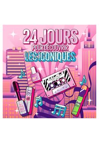 Graphique coloré avec un fond rose, une cassette audio, deux produits cosmétiques, des notes de musique et la silhouette d'une ligne d'horizon de ville.