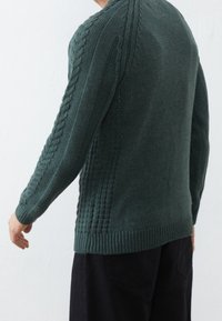 Maglione verde a maglia con motivi a treccia testurizzati lungo le maniche, polsini a costine e un orlo dritto. Tessuto morbido con un aspetto leggero.