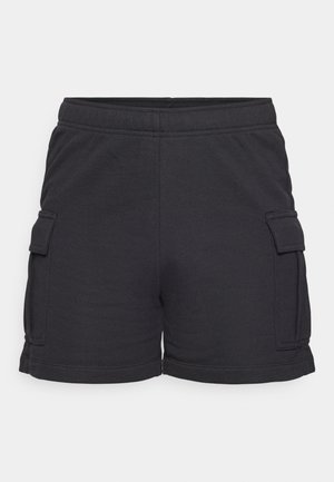 Pantaloni cargo neri realizzati in un tessuto morbido e elasticizzato. Presentano tasche laterali, una vita elastica e un orlo arrotolato sul fondo.