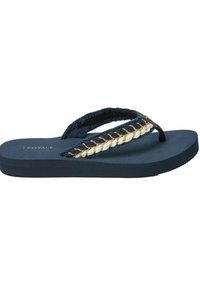 Navy flip-flop with textured strap featuring woven gold and white accents, thick cushioned sole, and flat profile for comfort.