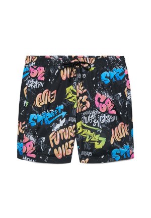 Shorts neri con testo graffiti colorato che include "FUTURE VIBE", "STREET" e schizzi astratti e forme, con vita regolabile con coulisse nera.
