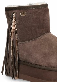 Stivale alla caviglia in suede marrone con dettagli in frange, accessori in metallo dorato e fodera in pelliccia sintetica bianca. Suola piatta e cuciture decorative.