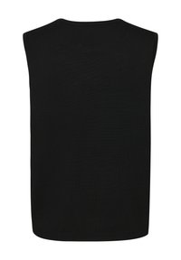 Czarny bezrękawnik wykonany z gładkiego, dzianinowego materiału, z okrągłym dekoltem i prostym fasonem, bez zdobień.