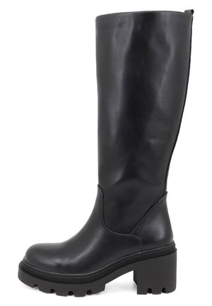 Sort læderstøvle op til knæet med chunky sål med mønster og blokhæl, glat finish og træksløjfe bagpå.