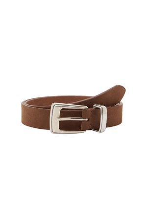 Brown leather belt coiled with a silver rectangular metal buckle and loop on a white background.