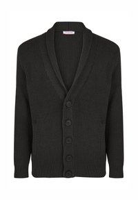 Schwarzer, gerippter Cardigan mit tiefem V-Ausschnitt, fünf Knöpfen, zwei Seitentaschen und enganliegenden Ärmeln. Hergestellt aus strukturiertem Strickmaterial.