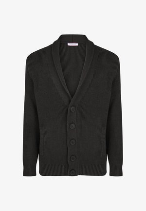 Zwarte, geribbelde cardigan met een diepe V-hals, vijf knopen, twee zijzakken en aansluitende mouwen. Gemaakt van getextureerd breimateriaal.