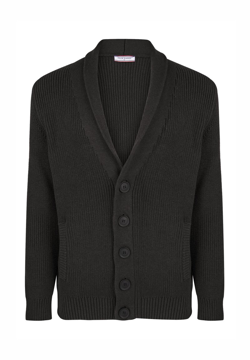 Schwarzer, gerippter Cardigan mit tiefem V-Ausschnitt, fünf Knöpfen, zwei Seitentaschen und enganliegenden Ärmeln. Hergestellt aus strukturiertem Strickmaterial.