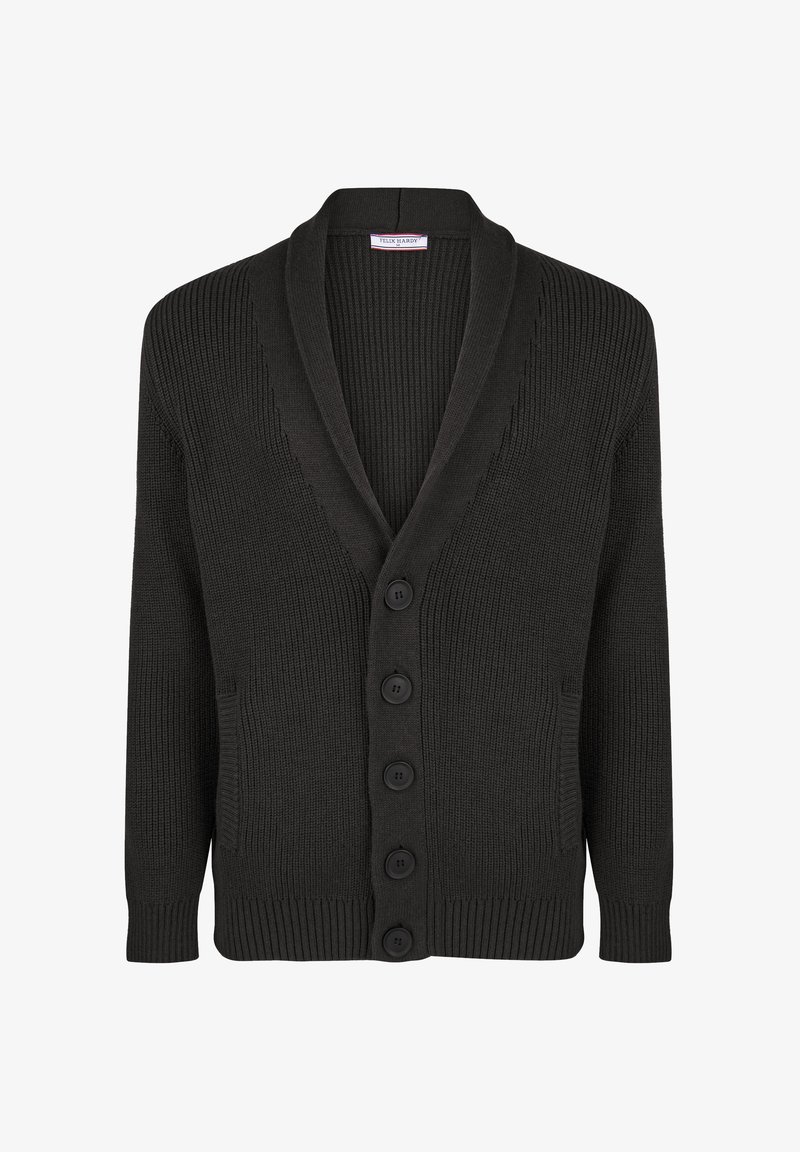 Schwarzer, gerippter Cardigan mit tiefem V-Ausschnitt, fünf Knöpfen, zwei Seitentaschen und enganliegenden Ärmeln. Hergestellt aus strukturiertem Strickmaterial.