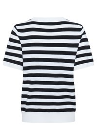 Pull à manches courtes noir et blanc rayé avec un col rond et un ourlet côtelé. Texture lisse, coupe décontractée et motif de rayures uniforme.