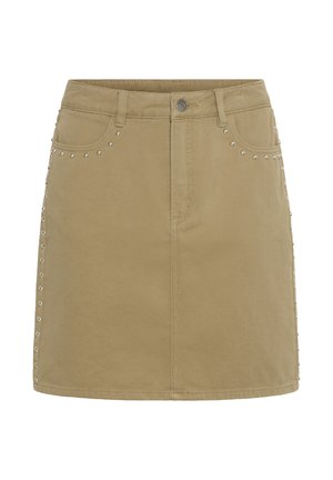 Minigonna in denim beige con bottoni e cerniera frontali, decorata con borchie argentate lungo le tasche e le cuciture laterali.