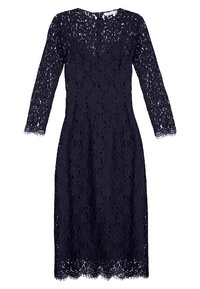 Granatowa sukienka koronkowa z długimi rękawami, okrągłym dekoltem, kwiatowym wzorem i falbaniastym dołem. Wykonana z przezroczystej koronkowej tkaniny. Prosta sylwetka.