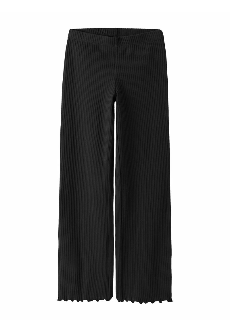 Black wide-leg pants made of ribbed fabric. Features an elastic waistband and a jagged hem detail for texture. No pockets are visible.