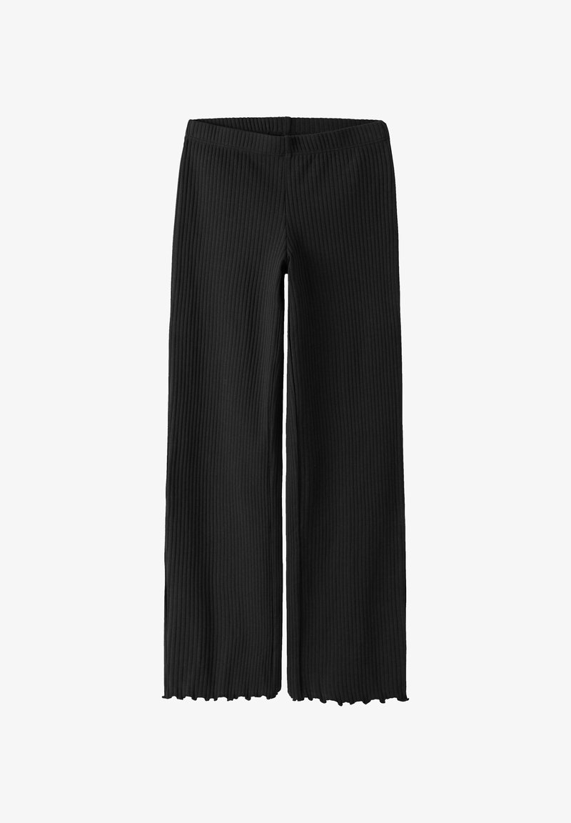 Pantalon large noir en tissu côtelé. Comprend une taille élastique et un ourlet irrégulier pour ajouter de la texture. Pas de poches visibles.