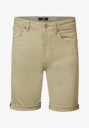 Shorts in denim beige con vestibilità slim, con risvolti, design a cinque tasche e chiusura con bottone. Presentano cuciture chiare e branding sulla cintura.