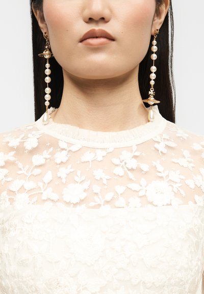 Γυναίκα που φορά μακριά χρυσά σκουλαρίκια με πέρλες και μοτίβα σε σχήμα πλανήτη και λευκό τοπ από δαντέλα με λουλούδια.