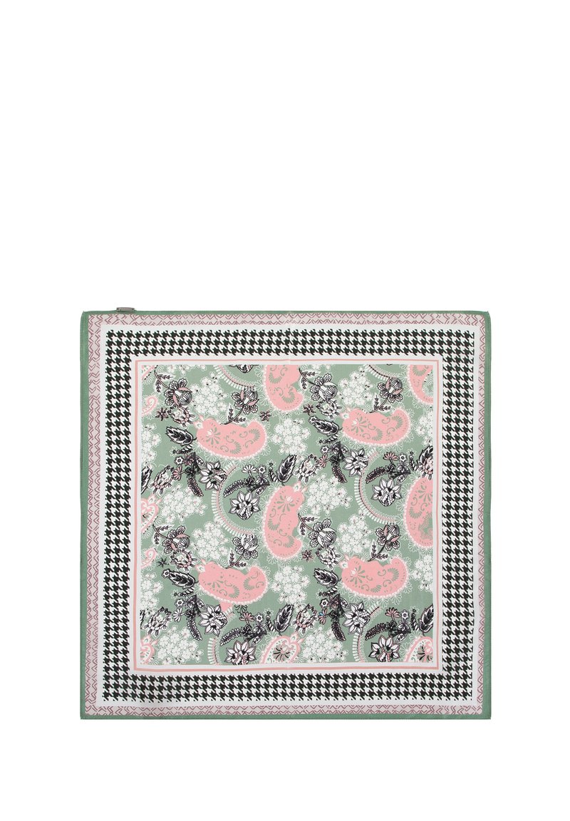 Pañuelo de seda en color verde con un patrón de paisley en rosa. Presenta acentos florales y un borde de jaquard en blanco y negro. Textura suave.